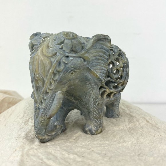 Indian Hand Carved Soapstone Elephant Undercut Double Layered Home Decor - Picture 2 of 11